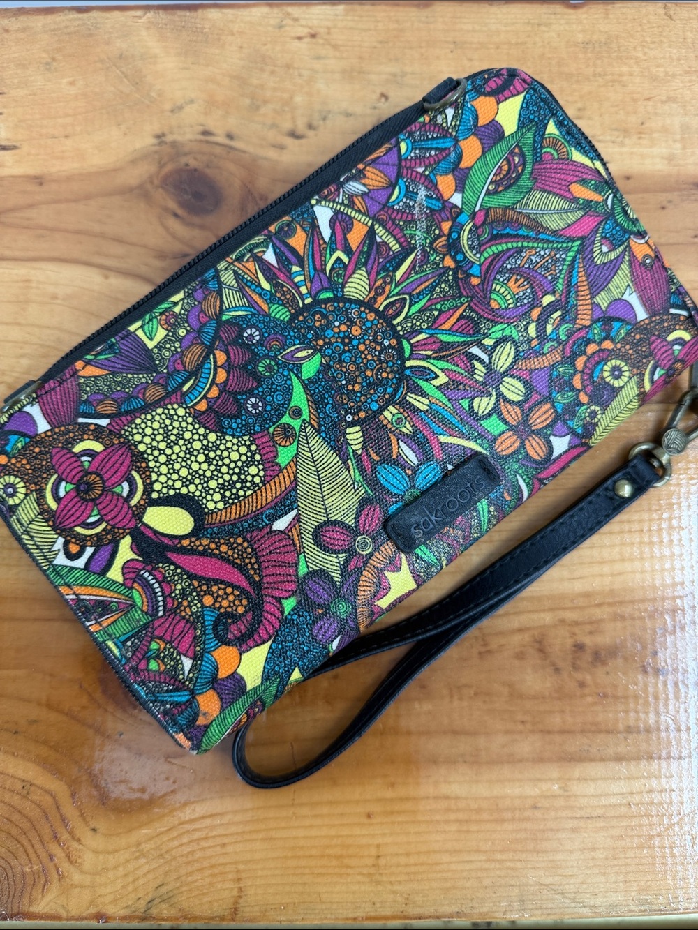 Sakroots Multicolor Floral Bird Zip Around Wristlet Wallet Boho 5x8